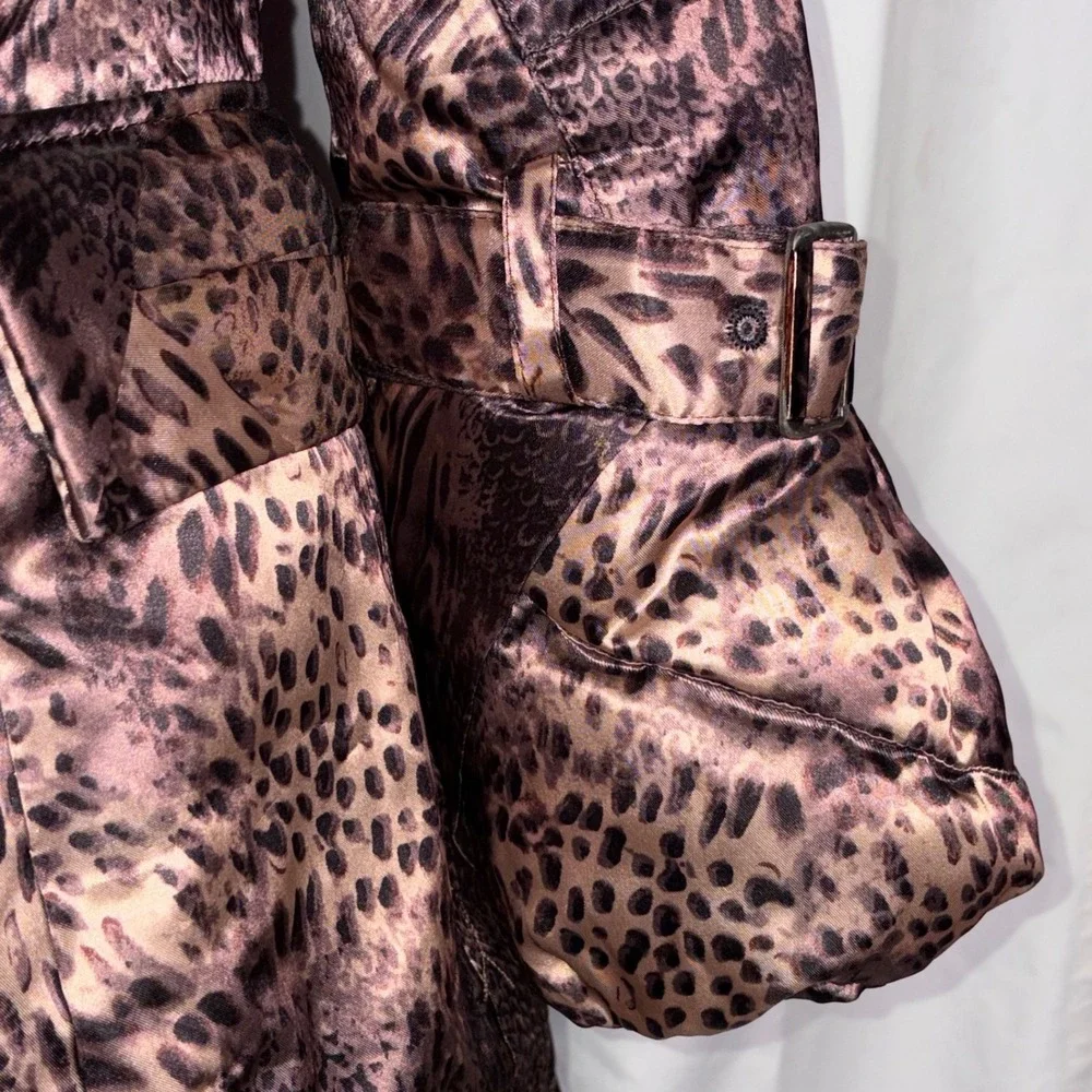 Tuleh Y2K Leopard Print Real Fur Trim Hooded Trench Coat M B35 W31 H38 DAMAGED